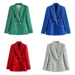 Zbza KlkxMyt Frauen modische Doppelbrust -Tweed Blazer Coat Vintage Langarm Büro tragen weibliche Oberbekleidung Chic Veste 220402