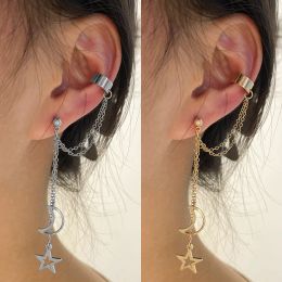 Earrings Vintage Pendant Metal Dangle Earrings with Long Chain Ear Clip for Women Silver Color Gold Color Star Moon Earring Jewelry