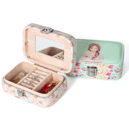 Display Cartoon Beauty Universal Jewellery Case Display Travel wedding Ring Earings Box With Mirror Portable Button Leather Storage