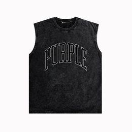 Fashion Purple vest ZJBPUR080 tracing curved letters to do old printed vest vest R96W90 men's and women's loose casual sleeveless T-shirt