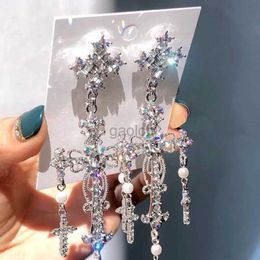 Dangle Chandelier MWsonya New Palace Style Silver Colour Luxury Crystal Cross Dangle Earrings for Women Elegant Tassel Party Jewellery Gifts d240323