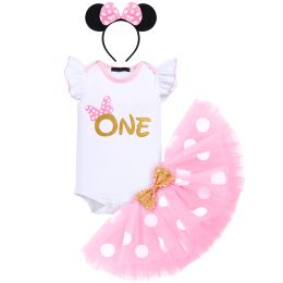 Sets Infant Baby Girls Happy Birthday Party Outfit Fly Sleeve Letters Romper Top With Polka Dot Tutu Skirt And Cartoon Headband Party