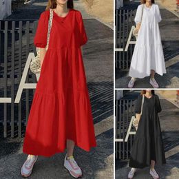 Casual Dresses Women Long Dress Oversized Hem Soft Breathable A-line Maxi With Big Short Sleeve For Crew Neck Patchwork