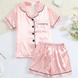 Summer Kids Sleepwear Short Sleeve Lapel TopShorts Children Casual Cool Breathable Faux Silk Pajama with Valentine Heart Print 240408