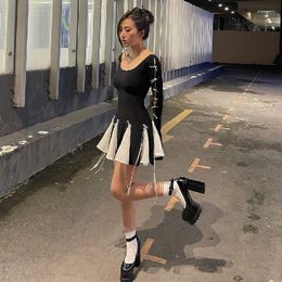 Casual Dresses Ballet Wind Black Bow Colour Contrast Patchwork Dress Women's Sexy French Style Long Sleeve U Collar Ruffle A- Line Skirt