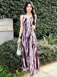 Casual Dresses 2024 Summer Holiday Style Green Print Sexy Club V Neck Slip Long Dress Women Purple Colorblock Evening Party Oversized