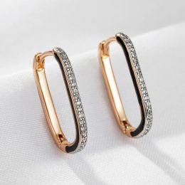 Earrings Wbmqda Elegant Fashion Black Enamel Zircon Hoop Earrings For Women 585 Rose Gold Colour Classic French Style Fine Jewellery Gifts