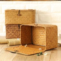 Baskets Large Wicker Box Rectangle Seagrass Storage Basket with Lid Rattan Basket Storage Organizer for Cabinet Shelf Home Organization