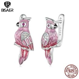 Charm BISAER 925 Sterling Silver Cute Pink Parrot Ear Buckle Bird Enamel Ring Earrings Platinum Plated Womens Party Exquisite Jewellery Y240423