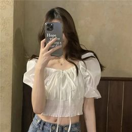 Elegant Youth Woman Blouses Fashion Lace Up Top Sexy Low Cut Blouse Crop Puff Sleeve Chic Shirt 240416