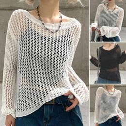 Women's Blouses O-Neck Long Sleeve Solid Colour Cover Up Perspective Cut Out Dance Knitting T-shirt Blouse Female Clothing