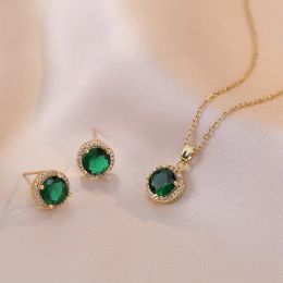 Necklaces Bridal Green Stone Round Stud Earrings and Pendant Necklaces For Women Gold Colour Zircon Wedding Birthday Party Jewlery Sets