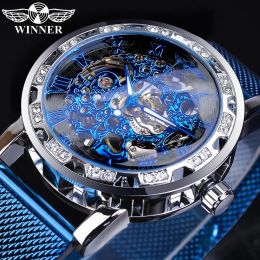 Watches Winner Fashion Diamond Display Men's Business Clock Blue Steel Mechanical Classic Royal Gear Movement Mechanical Skeleton Watch