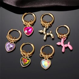 Earrings Bling Zircon Heart Pet Dog Stainless Steel Earrings For Women Punk Cute Colourful Love Animals Endless Circle Earrings Jewellery