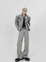 Gmiixder Gothic Splicing Shoulder Pad Denim Jacket Mens Spring Autumn Designer Vintage Washed Gray Jeans Two Piece Set/single 240415