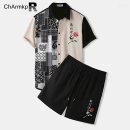 Men's Tracksuits Fashion ChArmkpR Sets Shorts Shirts Men Clothing 2024 Summer Short Sleeve Rose Embroidered Patchwork Corduroy Two Pieces