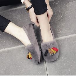 Casual Shoes Flock Fur Flats Multicolor Tassel Plush Loafers Women Solid Round Toe Slip On Moccasins 2024 Winter Fluffy Muffins