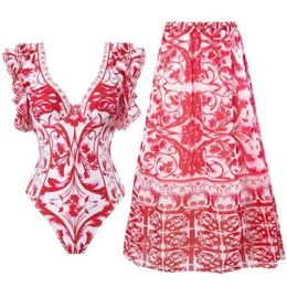 Swim Wear Womens Bathing Suit with Beach Cover Up Wrap Skirt Sarong Retro Floral Print Bikini Set Two Piece Swimwear 240423