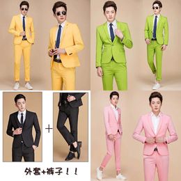 M-5XL PYJTRL Tide Men Colorful Fashion Wedding Plus Size Yellow Pink Green Blue Purple Suits Jacket and Pants Tuxedos 201105