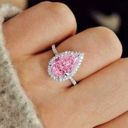 Bands Huitan Pink/Crystal Waterdrop Cubic Zircon Rings for Women Classic Design Eternity Wedding Engagement Rings Silver Colour Jewellery