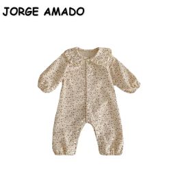 One-Pieces New Autumn Baby Girl Romper Apricot Floral Long Sleeves Peter Pan Collar Jumpsuit Infant Playsuits Newborn Clothes E5131