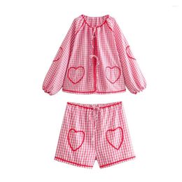 Women's T Shirts Pink Plaid Print Shorts 2 Piece Sets For Women Casual O-Neck Cute Love Pockets Lace Up Long Sleeve Shirt High Waist Suit