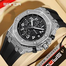 Wristwatches Sanda's 7026 Diamond Inlaid Calendar Cool Dial With Three Eyes And Six Needles Men's Creative Silicone Wristwatch