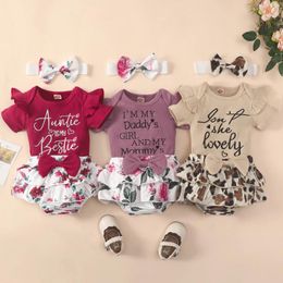 Clothing Sets Infant Baby Girls 3 Pieces Outfit Short Sleeve Letter Embroidery Romper Floral/Leopard Print Shorts Headband Set