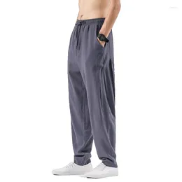 Men's Pants Summer Casual Men Breathable Polyester Korean Fashion Semi-Wide Banded Waist Slacks Straight Trousers