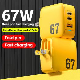 Chargers 67W GaN Charger Foldable Three Port QC PD Fast Charging Block Power Adapter for iPhone Laptop MacBook Samsung Galaxy Google
