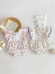 Rompers 2024 Summer New Baby Girl Cute Flying Sleeve Bodysuit Newborn Infant Cotton Casual Jumpsuit Toddler Floral Princess Clothes H240423