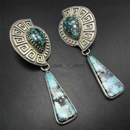 Dangle Chandelier Vintage Water Droplet Inlaid Blue Stones Drop Earrings Ethnic Silver Colour Metal Carving Pattern Women Accessories H240423