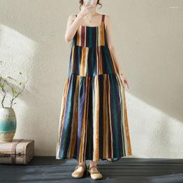 Casual Dresses Summer 2024 Women's Fashion Vintage Loose Cotton And Linen Printed Striped Spliced Irregular Suspender