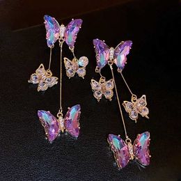 Dangle Chandelier Zircon Butterfly Tassel Earrings for Women New Fashion Luxury Temperament Purple Drop Earrings Sparkle Party Jewely d240323