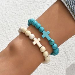 Strands 8mm Beads Religious Cross Bracelet for Women Men Natural Turquoise Stone Elastic Link Prayer Bracelet for Boy Girls
