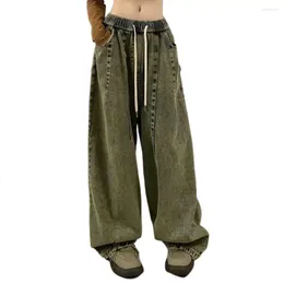 Women's Jeans Women Wide Leg Floor Length Loose Denim Drawstring Elastic Waist Hip Hop Pockets Vintage Straight Long Pants