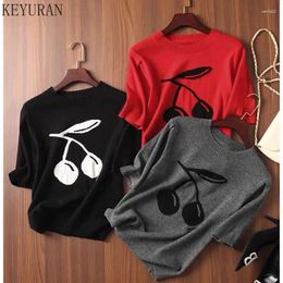 Women's Sweaters Spring Summer Knitted T-shirts Pullover Sweater Casual Grey Cherry Jacquard Short Sleeve Knitwear Tops Pull Femme Jumper