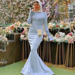 Party Dresses Sky Blue Muslim Mermaid Prom Puff Long Sleeve Simple Hijab Women Evening Gowns Formal Occasion Dress