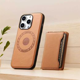 Cell Phone Bumpers 2in1 Magnetic Magsafe Card Holder Luxury Cowhide Leather Phone Case For iPhone 12 13 14 15 Pro Max 15Plus Removable Wallet Cover Y240423