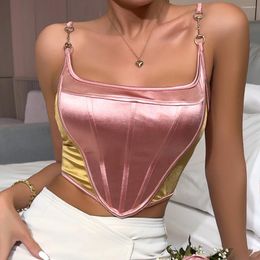 Women's Tanks Vemina Y2K Skinny Bare Shoulder Vneck Crop Top Women Nightclub Patchwork Backless Camisole Sexy Glitter Slim Chain Halter Vest