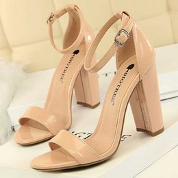 Dress Shoes Summer Fashion Classic Women 9.5cm High Heels Sandals Yellow Gladiator Square Block Pumps Strappy Chunky Platform H240423