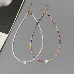 Necklaces New Nature Shell Love Heart Choker Necklace for Girl Spring Summer Fashion Small Colourful Glass Beads Necklace Gift for Friend