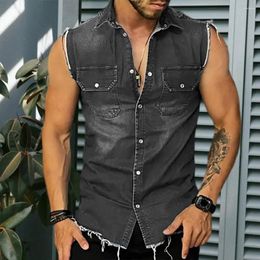 Men's Jackets Trendy Vest Coat Sleeveless 3D Cutting Slim Fit Denim Jacket Shrink Resistant Daily Clothing