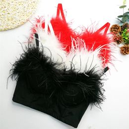 Camisoles & Tanks Vintage Feather Crop Tops Sexy Women Camisole Corset Deep-V Bustier Nightclub Party Push Up Bras Fashion Ladies Tube Top