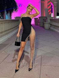 Casual Dresses 2024 Sexy Women Wear Diamond Set Chain Tassel Bandage Dress Strapless Sleeveless Bodycon Off Back Asymmetric Party Vestido