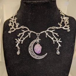 Necklaces Gothic Moon Branch Choker for Woman Mystic Purple Crystal Moon Necklace Pagan Witch Jewellery Gift Accessories Moon Pendant Choker