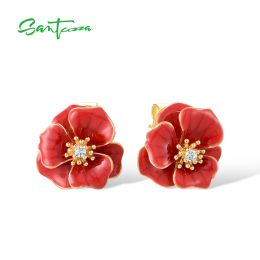 Earrings SANTUZZA Real 925 Sterling Silver Earrings For Women White CZ Red Enamel Blossom Flower Wedding Party Elegant Gift Fine Jewellery