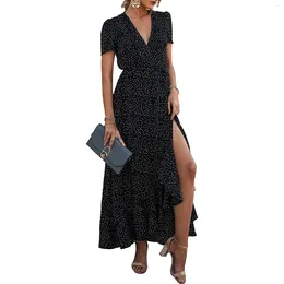 Casual Dresses Vintage Floral Print Maxi Dress Women Boho Short Sleeve Long Turn Down Collar Shirt Robe