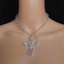 Necklaces Emo Vampire Big Cross White Crystal Choker Necklace Victorian Wedding Necklace Goth Punk Crystal Cross Metal Jewelry Accessories