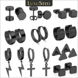 Earrings LUXUSTEEL 2 Pieces Punk Hoops Earrings For Men Black Stainless Steel Basic Geometric Ear Jewelry Gothic Hiphop Male Cool Earring